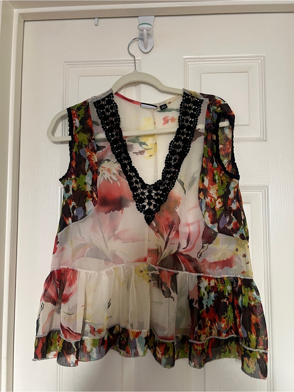 Allen B. By Allen Schwartz Sheer Floral Sleeveless Top with Black Lace V-Neck